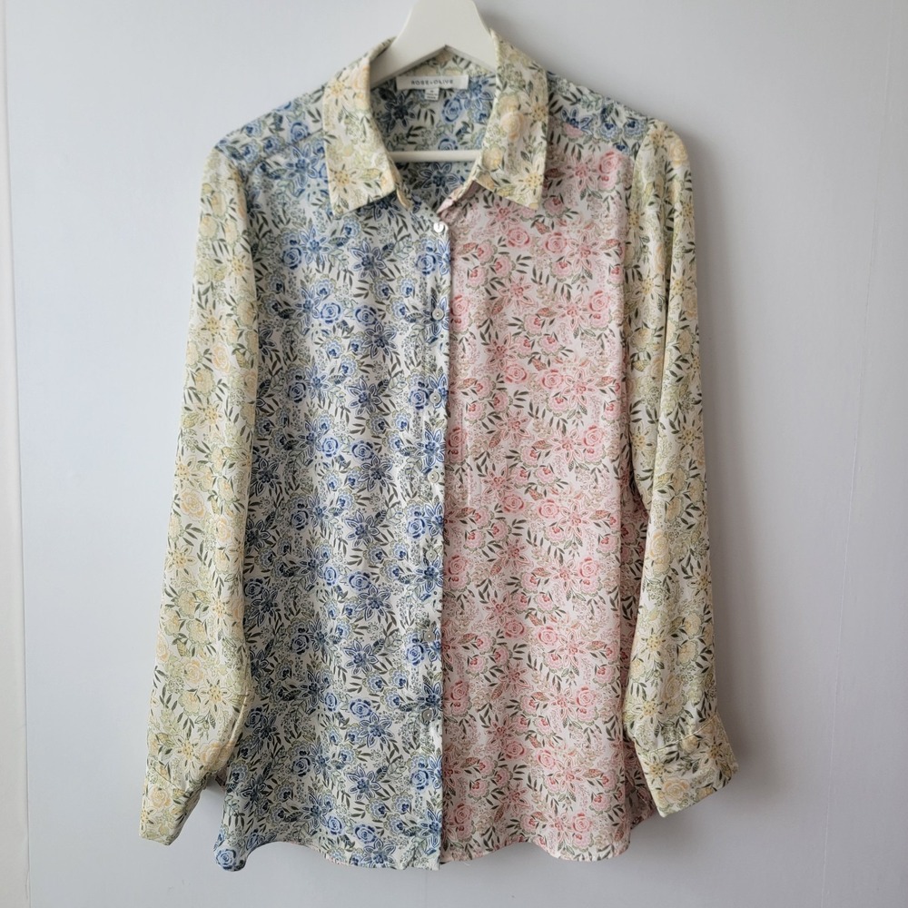 Rose+olive women's floral patchwork button-down shirt size M boho cottagecor
